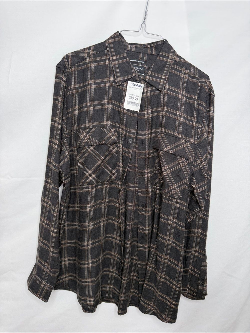 Kenneth Cole Black Plaid Button-Up Shirt with Brown Trim